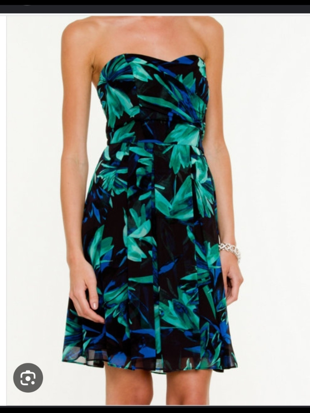 Le Chateau Strapless Sweetheart Tropical Leaf A-Line  Dress in Teal & Blue